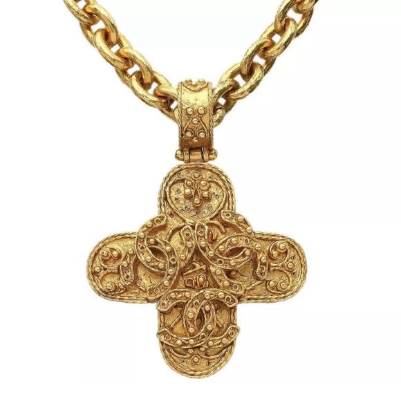 CHANEL Triple Coco Mark Necklace Gold Plated Cross - Picture 1 of 7